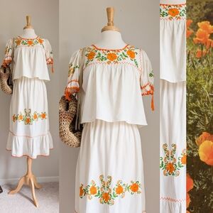 R E W O R K E D Vintage :: Floral Embroidered Cotton Top / Blouse & Skirt Set